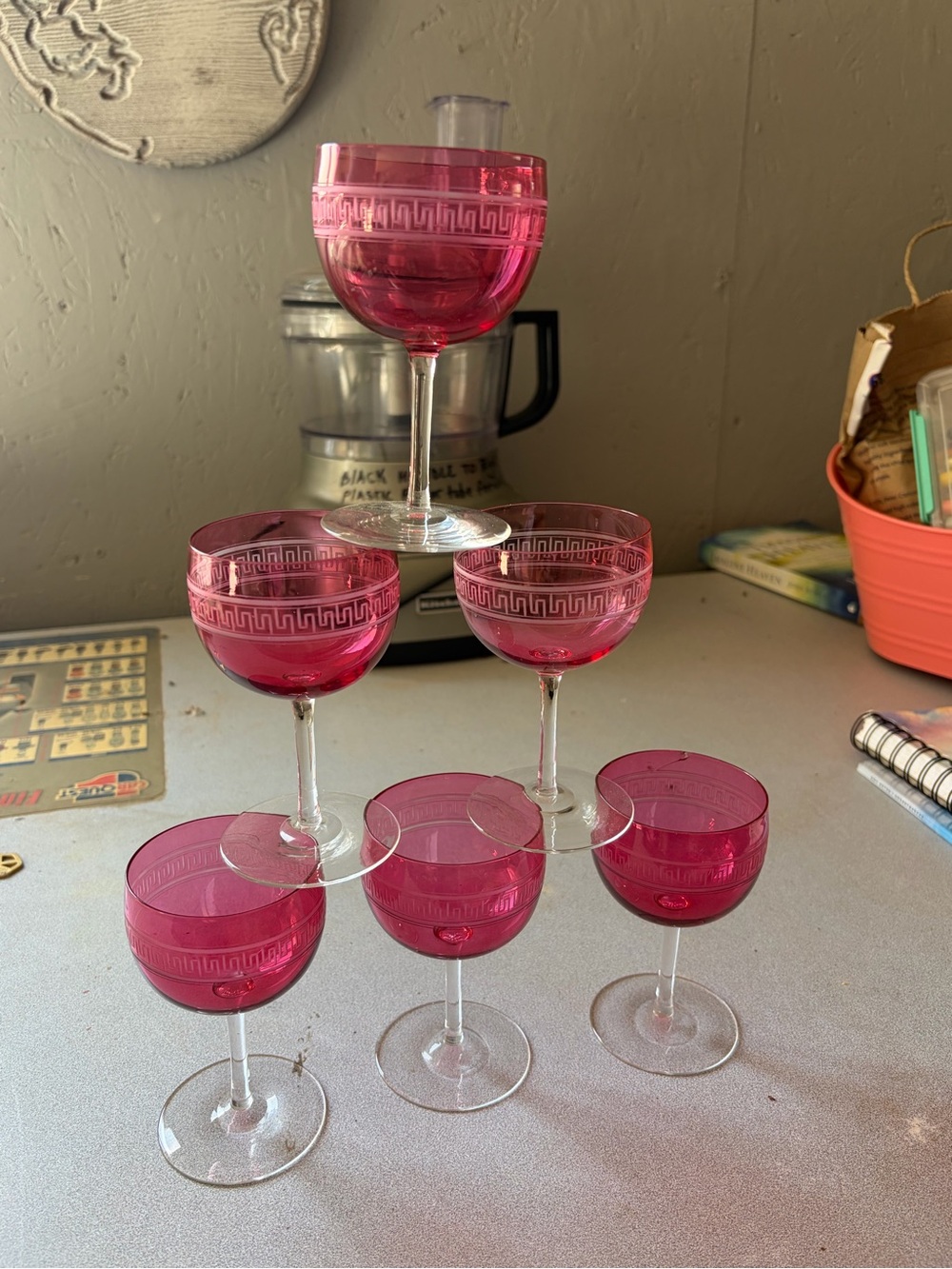 Amazing Deal! Cranberry Crystal Etched Glass Cordial Set - Open to offers